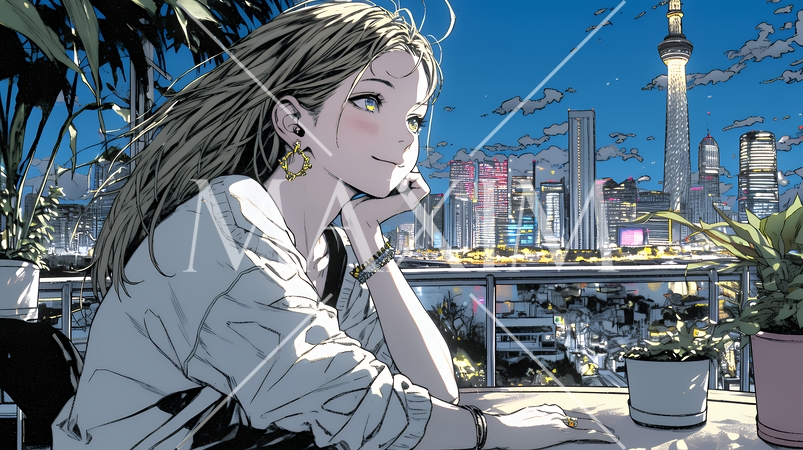 ベランダで夜風に当たりながら都会のランドスケープを眺め休む若い女性