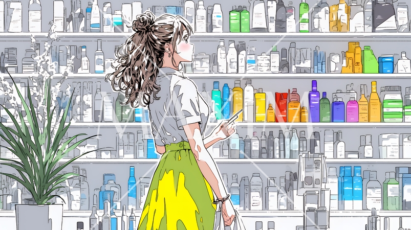 ドラッグストアでコスメを選ぶ若い女性