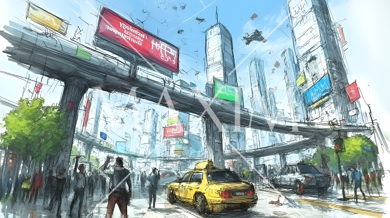 無数のドローンが飛び交うAIにより支配された近未来の都市