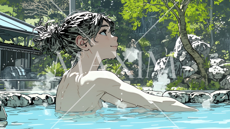 露天風呂に浸かっている若い女性