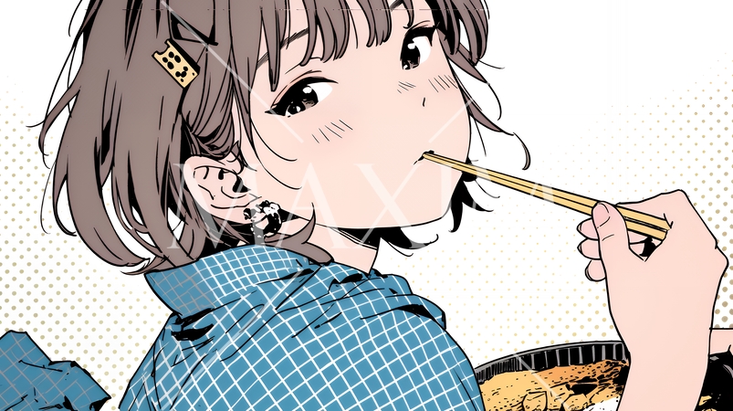 食事をしている若い女性：舐め箸をしている若い女性