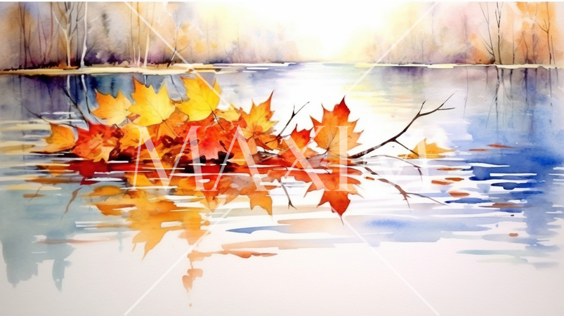 水面から見た紅葉：水彩画