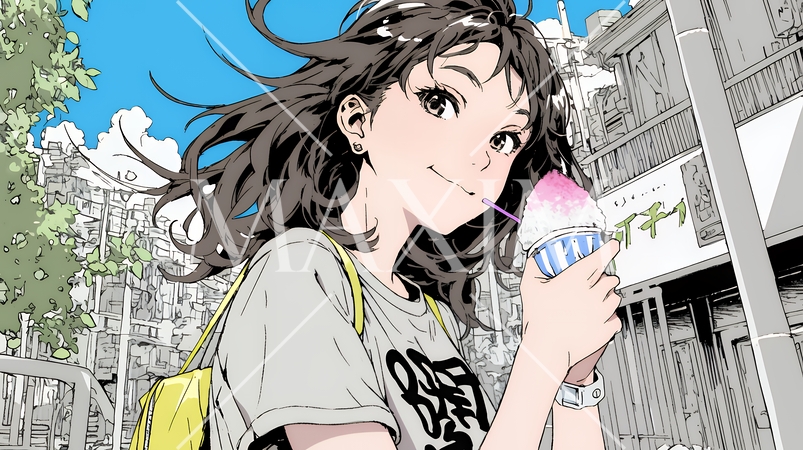 夏空の下でかき氷をたべる若い女性