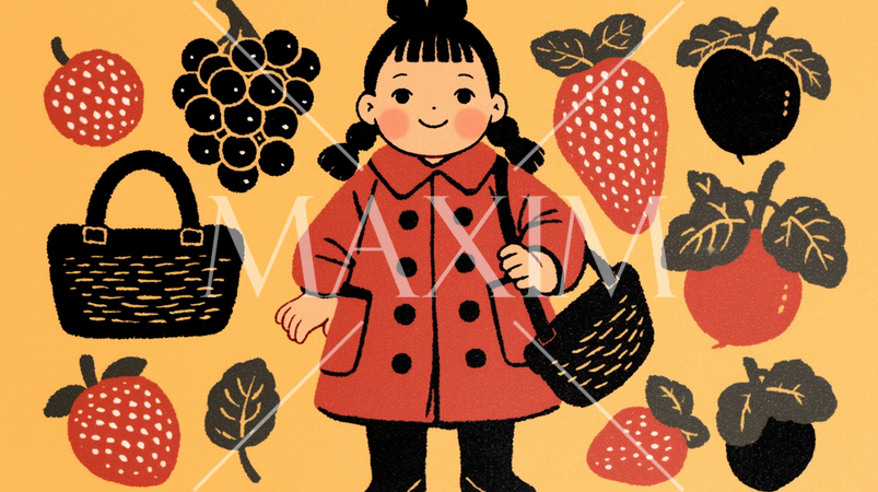 おいしい果実（いちご、柿、葡萄、プラム、スモモ）を子供が紹介する背景画像