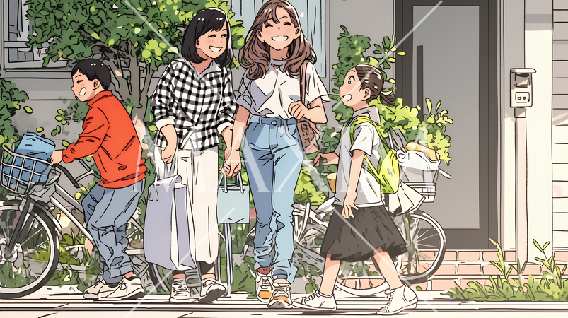 道端で会話を楽しむ若い主婦たち（ママ友たち）