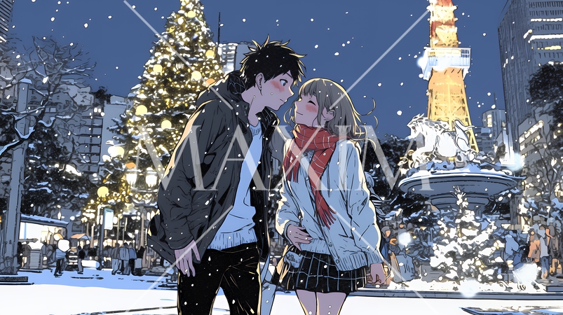 クリスマスイルミネーションの街でデートしているカップル