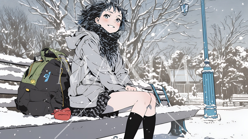 雪の積もる田舎道を歩いている若い女性