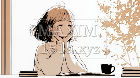 秋の読書を楽しむ若い女性｜静かで落ち着いた秋の日のイラストポートレート（シンプルな色使い）（イラストID:1646504-18107）