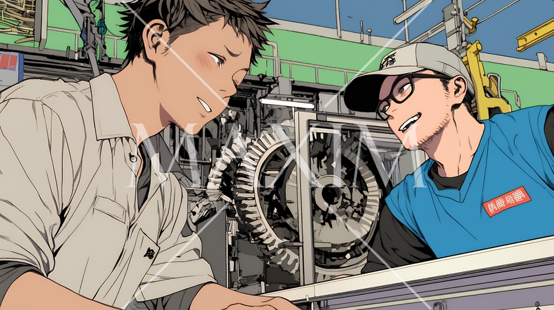 OJT：工場環境で機械の操作方法をチームメンバーに集中した表情で教える監督者