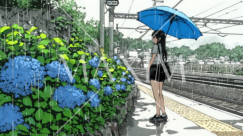 鉄道の駅のプラットフォームに植えられた満開のあじさいと梅雨の雨と若い女性