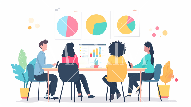 ビジネス戦略会議：競合分析、市場戦略の議論。