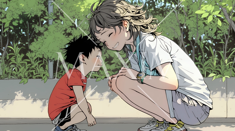 幼い我が子の悩みの相談にのっている母親