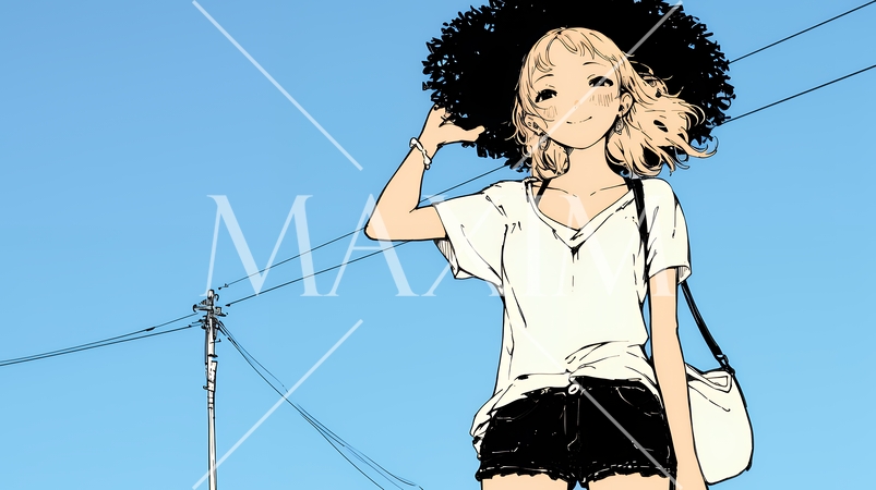 夏休みの思い出：海辺の町への一人旅（シンプルな色使い）