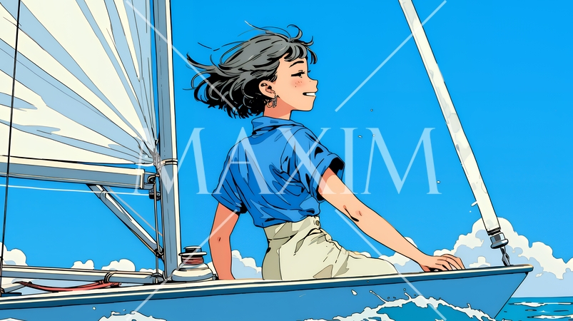 ヨットに乗っている若い女性