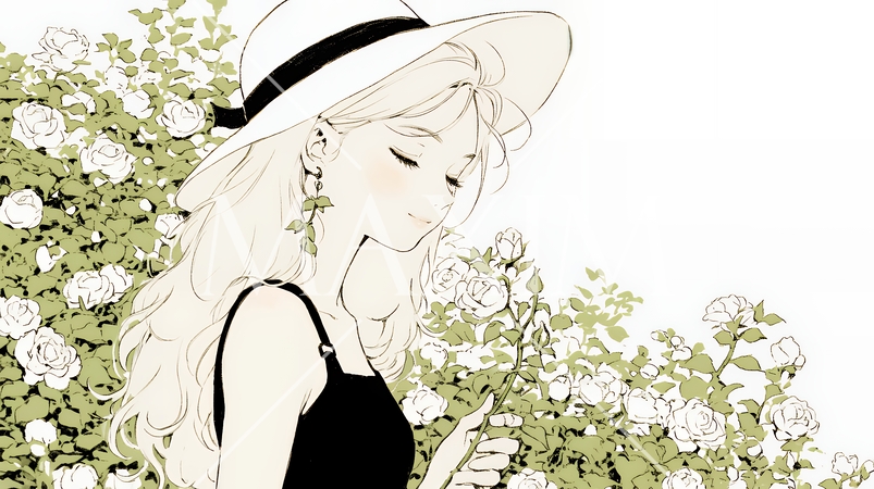 バラ園を散策している若い女性（シンプルな色使い）