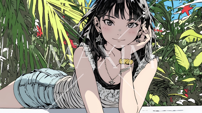 熱帯植物と若い女性