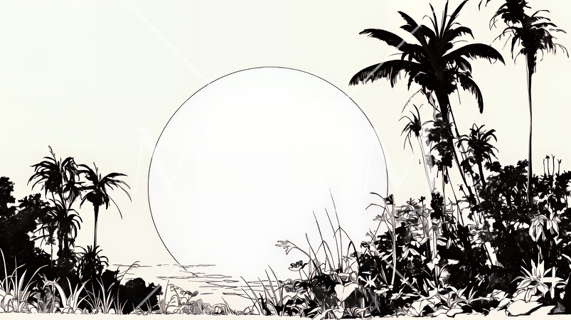 南の国の日没と熱帯植物のシルエット