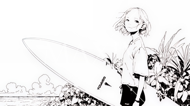 若い女性サーファーと夏のビーチの風景（シンプルな色使い）