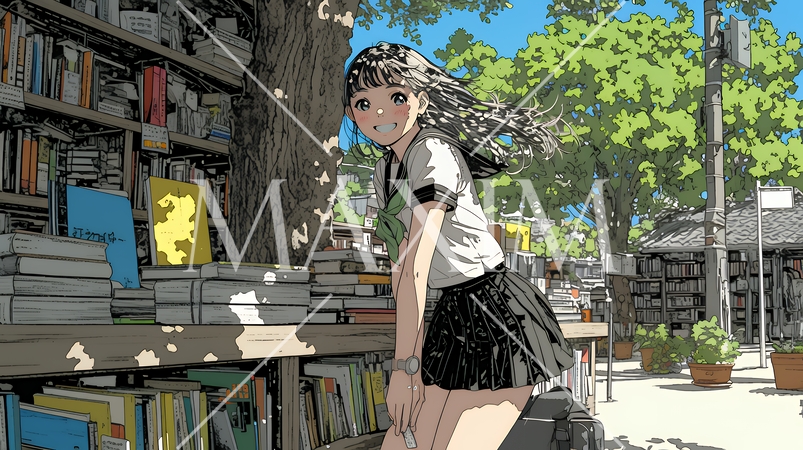 書店で本を選ぶ女子高生