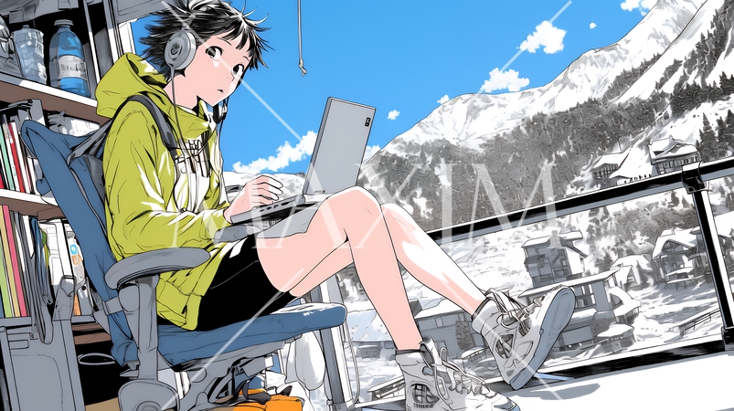 スキーリゾートに来ているのにPCを手放せない若い女性