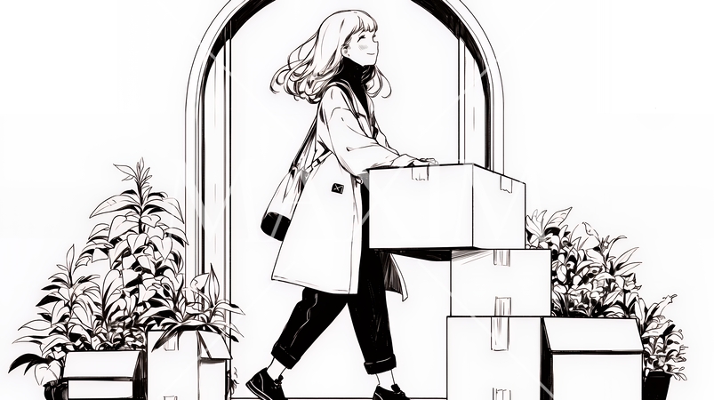 引っ越しの荷造り・荷解きをしている若い女性（シンプルな色使い）