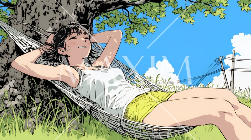 のんびり・ゆったり：夏の昼下がり木陰のハンモックで寛いでいる若い女性