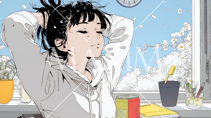 朝の目覚ましを止めて伸びをしている若い女性