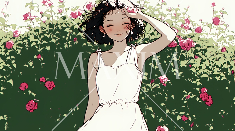 バラ園を散策している若い女性（シンプルな色使い）