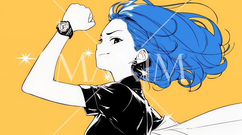 ガッツポーズ（拳を握って力強く）をしているビジネスウーマン（シンプルな色使い）