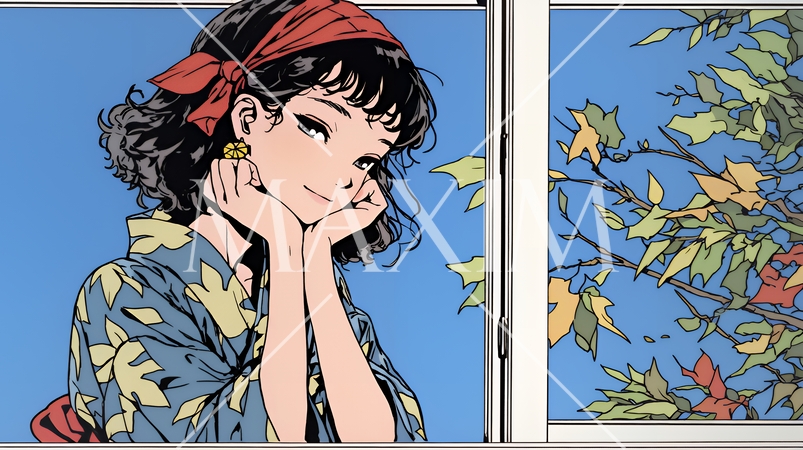 紅葉に包まれた中、着物を纏った若い女性が佇んでいる