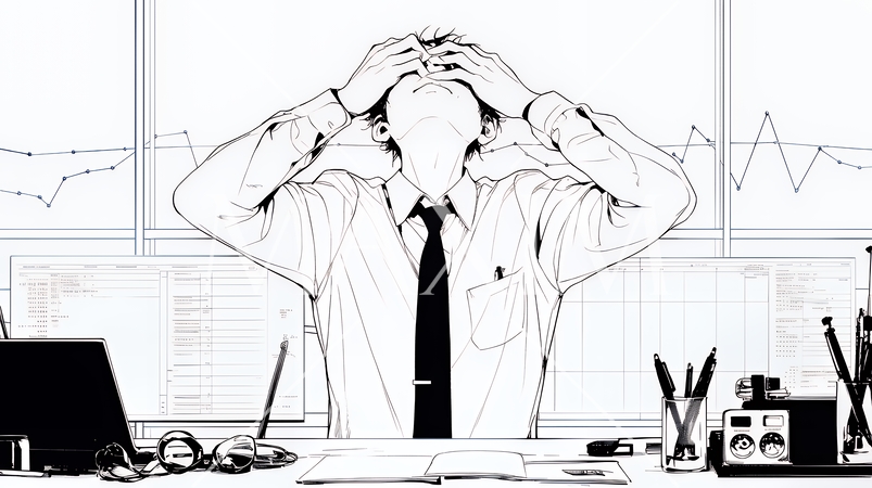 金融市場の急激な変動で頭を抱えている男性（シンプルな色使い）