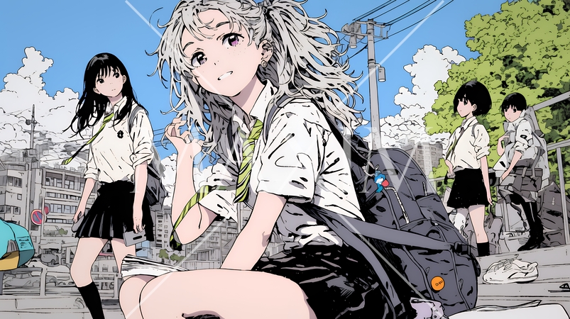 制服姿の女子高生：友達と通学