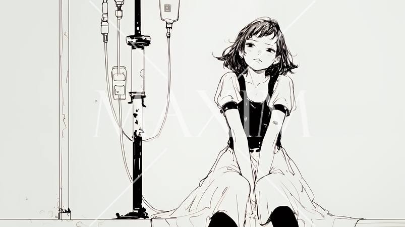 病院のベッドに腰掛けて気落ちしている女性（シンプルな色使い）