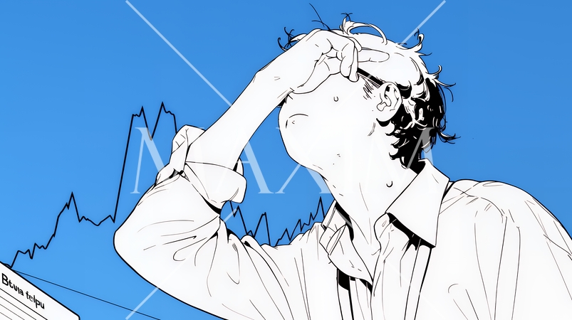 金融市場の急激な変動で頭を抱えている男性（シンプルな色使い）
