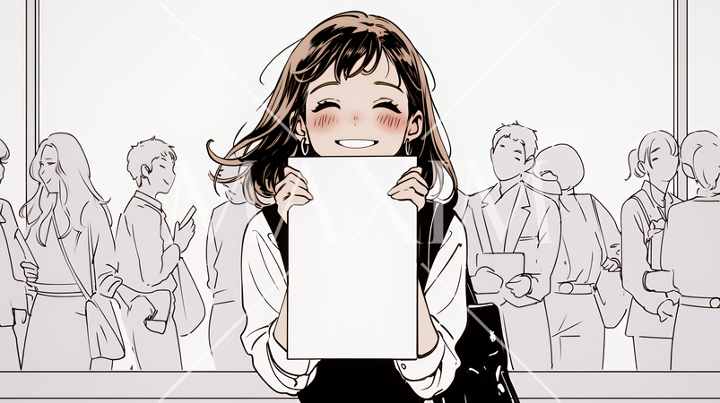 書類を確認するビジネスウーマン（シンプルな色使い）