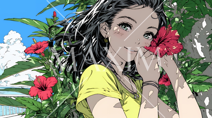 ハイビスカスと若い女性