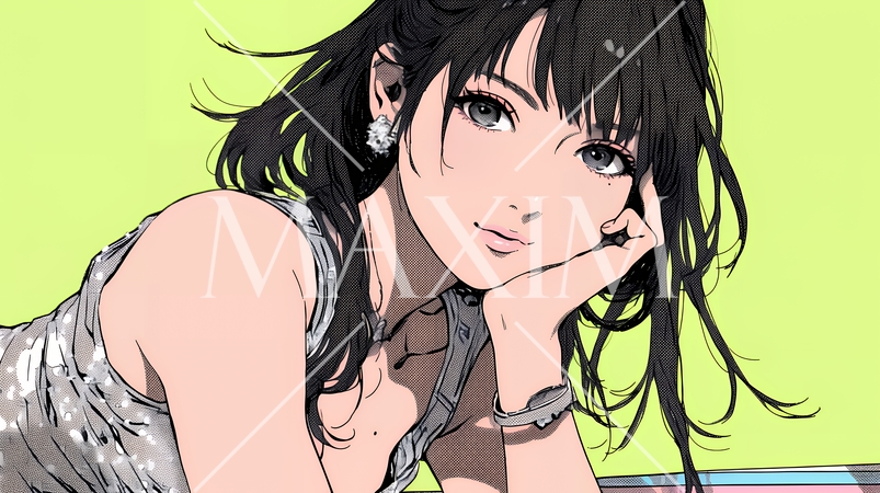 頬杖をついて微笑んでいる若い女性