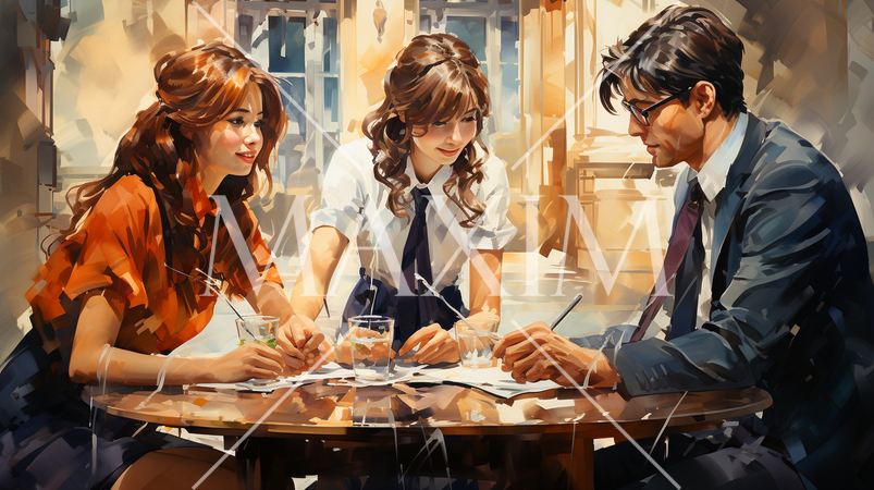 オフィス外で会議をしている女性と男性：水彩画