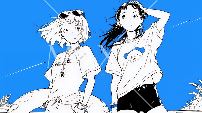 夏休みの思い出：友達と海水浴に行く（シンプルな色使い）