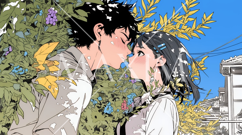 秋の紅葉の下でキスをしている若い恋人たち