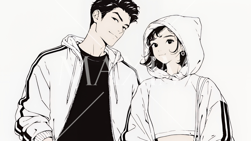 希望に満ちたライフスタイルを過ごす若いカップル：未来を見つめている（シンプルな色使い）