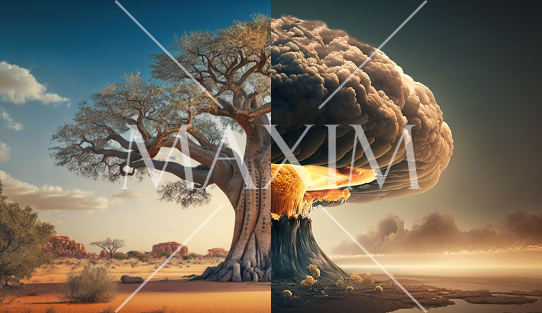 聞いて極楽見て地獄：極楽と地獄、極端な対比。巨大な樹木「バオバブ」と「核爆発のキノコ雲」の対比で。