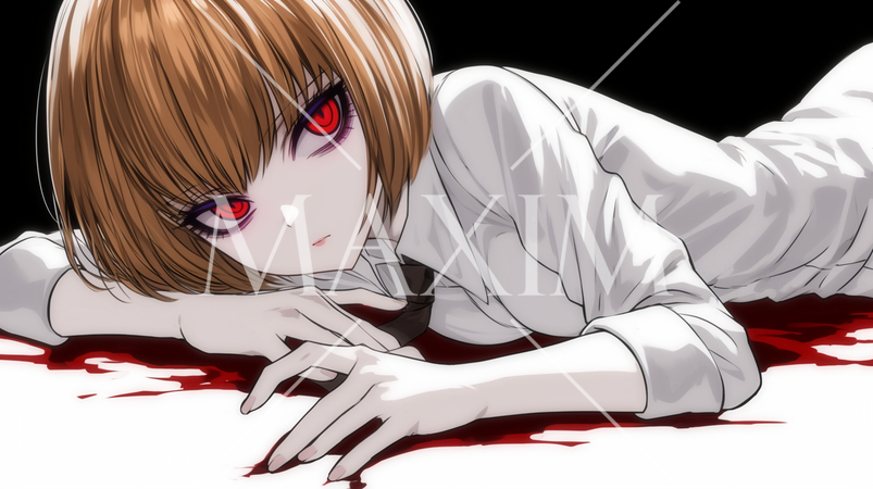 血塗られた赤い瞳の若い女性：サスペンスホラー