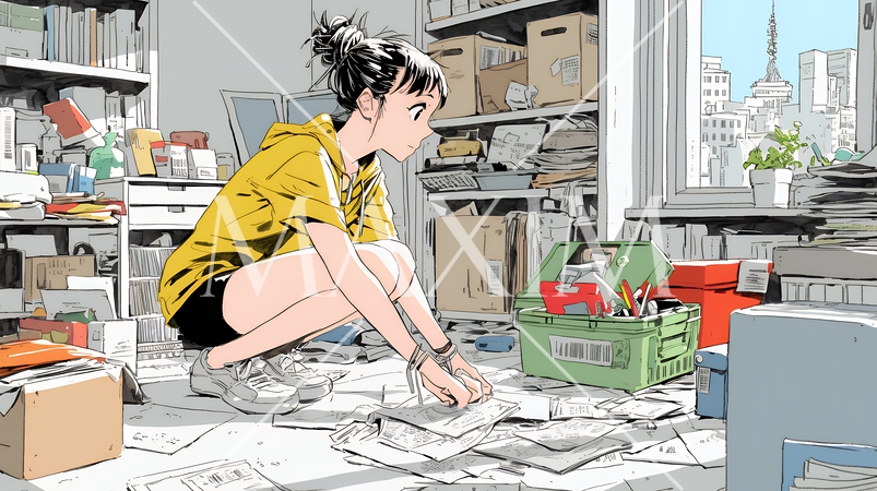 家の中（事務所）を大々的に整理している女性：断捨離