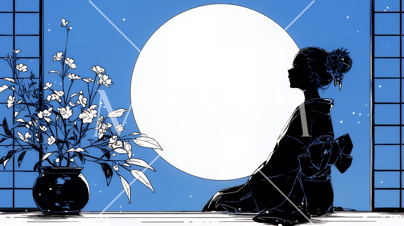 月見をしている和服姿の若い女性（シンプルな色使い）