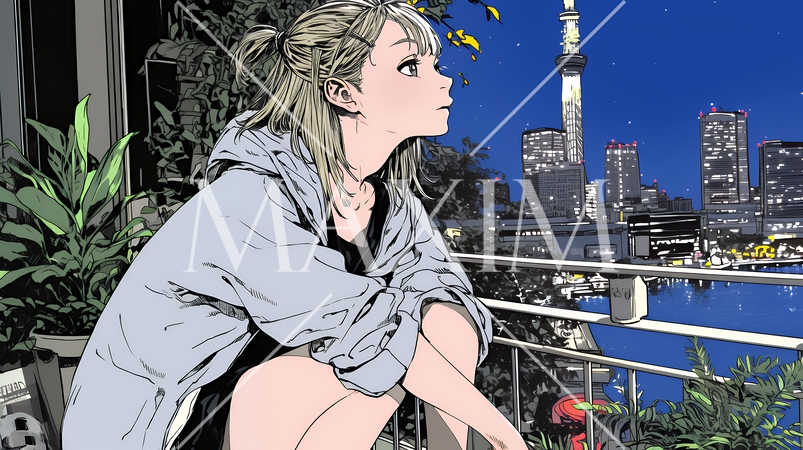 ベランダで夜風に当たりながら都会のランドスケープを眺め休む若い女性