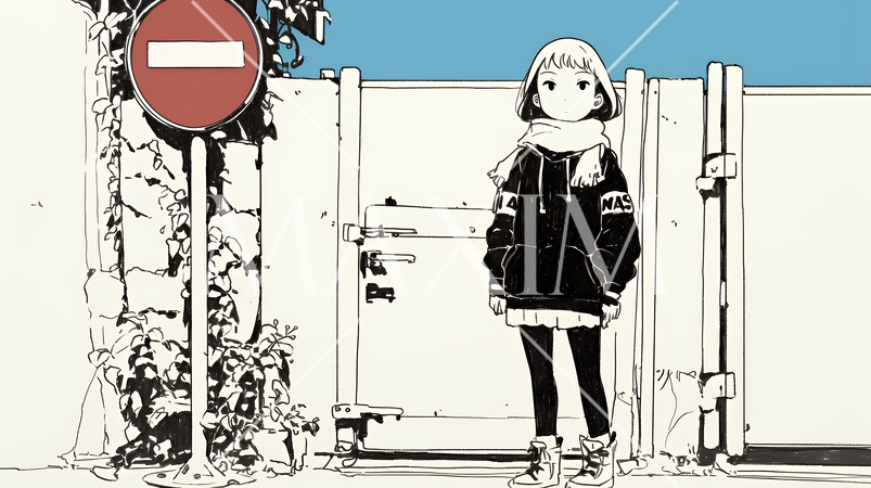 Noという意思表示：進入禁止マークと無表情な女性で表現（シンプルな色使い）