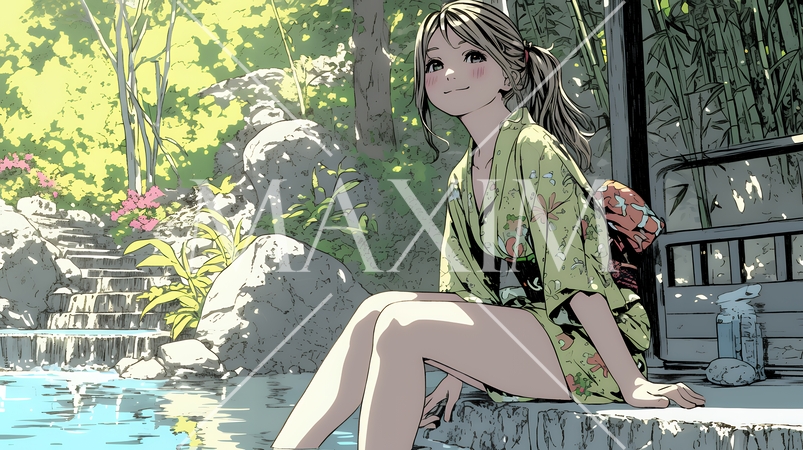 足湯に浸かっている若い女性