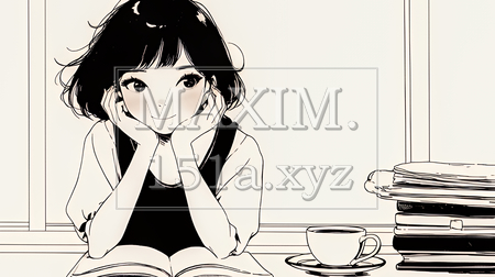 秋の読書を楽しむ若い女性｜静かで落ち着いた秋の日のイラストポートレート（シンプルな色使い）（イラストID:1688809-18101）