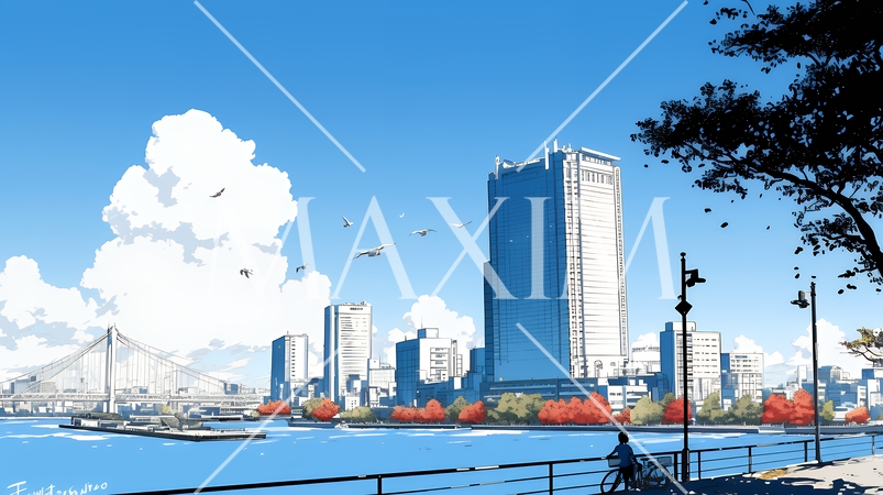 都市の町並みと青空（シンプルな色使い）